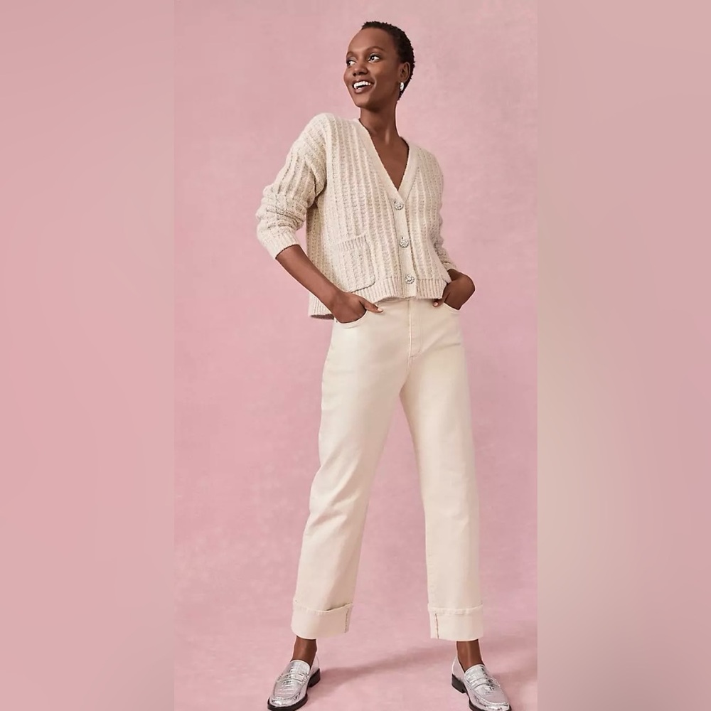 LOFT Cream High Waist Relaxed Straight Jeans Sz 31/12 LIKE NEW